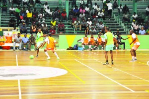 Part of the action on opening night of the GT Beer/Petra Organisation Futsal Tournament being played at the Cliff Anderson Sports Hall.