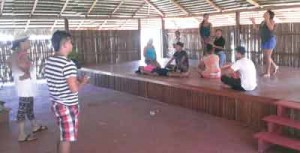 Cultural rehearsals underway at the Sophia Indigenous Village yesterday afternoon. 