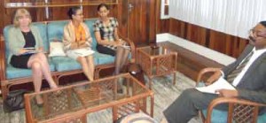 AG Basil Williams, in discussion with UNICEF Country Representative Marianne Flach (Far Left), UNICEF’s Learning and Development Officer Audrey Michele Rodrigues and Child Protection Officer Pat Gittens 