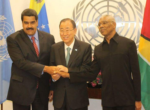 Venezuela's Head of State, Nicolas Maduro (left), Secretary General  of the United Nations, Ban Ki-Moon and President David Granger