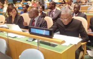 President David Granger during his address to the United Nations General Assembly yesterday.