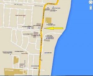 The Google map of Essequibo coast showing the renamed main public road. (Arrow indicated)