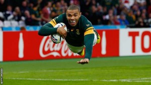 Bryan Habana scored a hat-trick of tries to equal Jonah Lomu’s record for South Africa. (Getty Images)