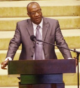 Minister of State, Joseph Harmon, during his address at the GPSU conference.