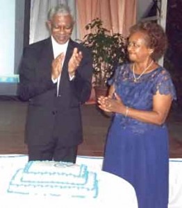 Guyana Head of State, David Granger, and UN Resident Coordinator Khadijah Musa cut the ceremonial cake in commemoration of UN’s 70th anniversary, which was celebrated on Saturday