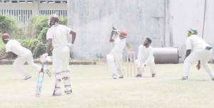 Mahendra Persaud clobbers Nichosie Barker for six as UG closes in on Victory over MSC.  