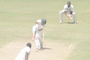 Robin Bacchus is bowled by a beauty  from Raymon Refier yesterday at Providence.