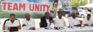 Nigel Hughes makes a point during official remarks at the launch of the Team Unity slate on Saturday in Albouystown.
