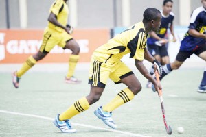  Guyana on the attack in their semi-final clash against Venezuela yesterday.