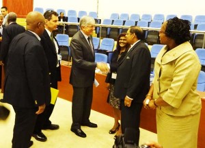 Prime Minister Moses Nagamootoo, interacting with participants of the Aviation Conference after it was declared open.