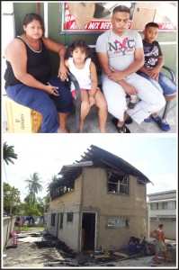 (Above); The Harri Ram family contemplating their next move after fire destroyed their home hours earlier. (Below) What remains of Harri Ram lot 72 Costello Housing Scheme home.