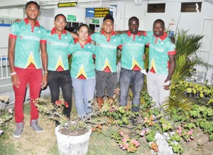 The GCF Team to the Elite Caribbean Championships before they left for Barbados last evening, from right, Horace Burrowes, Orville Hinds, Alanzo Greaves, Maria Leung, Geron Williams and Michael Anthony. 