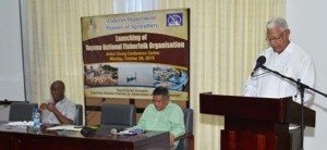 Agri Minister, Noel Holder, at the launching of the Guyana National Fisherfolk Organisation (NFO) yesterday.