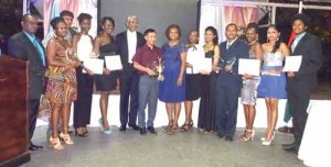 The majority of winners for the UN Guyana Media Awards 2015 with President David Granger and UN Resident Coordinator Khadijah Musa