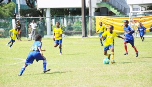 Part of the action in the semi-final clash that featured St. Pius and Enterprise which the latter won on penalty kicks.