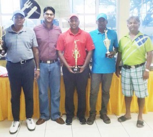 From left: the respective top performers, sponsor and officials; F. Haniff, Mr K. Daby, P. Persaud, L. Ramsundar and H. Shields.