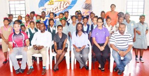 Sponsors representatives and stakeholders pose for a photo op with participating students at the Launch of the Smalta Girls Pee Wee Schools Football Competition.