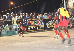 Part of the action in the Guinness ‘Greatest of the Streets’ Futsal Competition on Tuesday at the National Cultural Centre Tarmac.