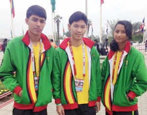 Guyana’s representatives at the World Junior Badminton championships take time out for a photo.