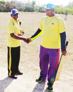 THE OPENING PAIR FROM OMESH XI (AFTAB BACCHUS -LEFT AND TOP SCORER FOR THE DAY VICKRAM KISSOON WHO DEFEATED LINDEN ALL STAR XI