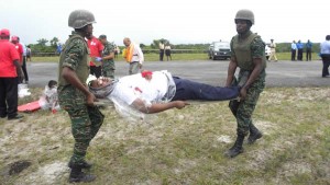 Members of the Guyana Defence Force during a demonstration exercise at the biennial emergency training, held recently at CJIA.