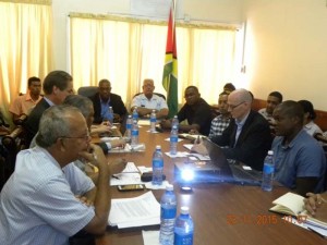 Minister of Public Infrastructure, David Patterson (centre, left) during the meeting with the Dutch Risk Reduction (DRR) Team and local engineers. Present also is Minister of Agriculture, Noel Holder.