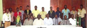 Respective prize winners with officials of the GCA. Clive Lloyd is sitting second from left.