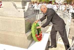 President David Granger lays a wreath at the cenotaph.