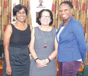 (From left) Dr. Mallika Mootoo, Executive member of HERO, First Lady Mrs. Sandra Granger and Dr. Andrea Lambert, Vice President of HERO, following their meeting at the Office of the First Lady.