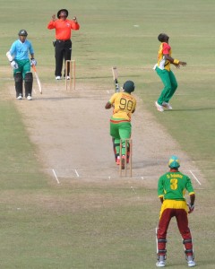 Chris Barnwell about to be caught by Robin Bacchus as he skies Keon Joseph.