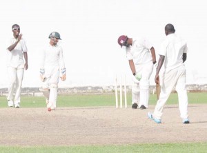 Clevon Kalawan is bowled for a duck by Akieni Adams yesterday at Bourda.