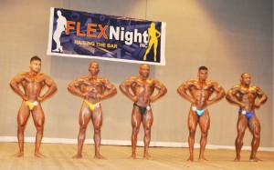 From right, Mr. Flex Night Overall - Wendel Sedro of Suriname with other category winners, Godfrey Stoby, Alfred Jordan, Marlon Bennett and Zallim Bacchus.