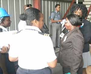 GRA Commissioner-General (ag) Ingrid Griffith (right) during discussions with Customs officers at Muneshwer’s Wharf 