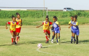 Part of the action in this year’s Smalta / Min. Of Public Health Girls Pee Wee Schools Football Competition.