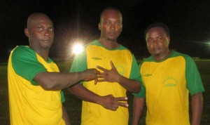 Goal scorers for Kwakwani Strikers from left Shane Adams, Ray Leacock and Dale Sauers.