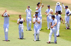 The England players celebrate their 241-run win, South Africa v England, 1st Test, Durban, 5th day, December 30, 2015 ©Getty Images