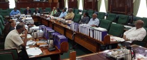 Minister Raphael Trotman and his team, testifying before the Parliamentary Select Committee yesterday. At right is Finance Minister, Winston Jordan. At left are the Opposition’s Parliamentarian, Neend Kumar and Yvonne Pearson.