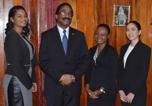 From left:  Narissa Leander Class of 2013 to 2014; Attorney General Basil Williams; Thandiwe Benn- Class of 2011 to 2012 and Eleanor Luckhoo Class of 2014 to 2015.