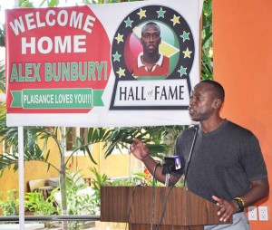 Canadian Hall of Fame inductee Guyana-born Alex Bunbury addresses the gathering at yesterday’s Press Briefing at the Pegasus Hotel.