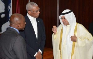 H.E. David Granger, Kuwait’s non-resident Ambassador to Guyana, H.E. Ayadah M. Alsaidi and Minister of Foreign Affairs, Hon. Carl Greenidge in discussion at the Ministry of the Presidency.