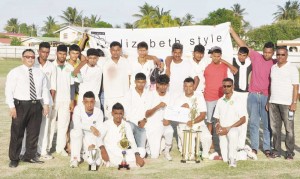 Better Hope ‘B’ won yesterday’s Elizabeth Styles 40-over cricket Final. EECB President Bissoon Singh is at left while Better Hope Club President Jainarine Singh is at right.