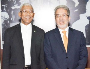 President David Granger and newly sworn-in Ambassador of Ecuador to Guyana, Rafael Quintero.