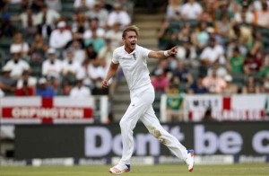 England’s Stuart Broad gestures as he celebrates the dismissal of South Africa’s captain AB de Villiers during the third cricket test match in Johannesburg, South Africa, January 16, 2016. (Reuters/Siphiwe Sibeko)