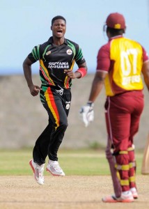 Fast bowler Romario Shepherd was Man-of-the-Match with 3 wickets as Guyana beat Leewards. Here, he celebrates the wicket of Shane Jeffers. (Windies facebook)