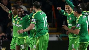 Jermain Defoe (front centre) celebrates one of his goals as he struck a hat-trick as Sunderland beat Swansea 4-2.  (Getty Images)