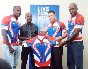 Pepsi Brand Manager Larry Wills (2nd left) with Pepsi Hornets members in the new uniform top, from right, Kenneth Grant, Ryan Gonsalves and Blaize Bailey.