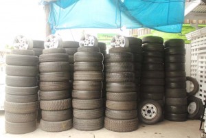 Some used tyres on display at Forbes Vulcanising shop yesterday. 