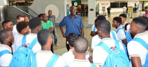 Barbados Cricket Association President and WICB Director, Joel Garner, offers words of advice to the team at the Grantley Adams International Airport. 