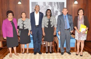 L-R: Minister of Social Cohesion, Ms. Amna Ally; Minister within the Ministry of Communities, Ms. Dawn Hastings; President David Granger; Minister within the Ministry of Public Health, Dr. Karen Cummings; Public Health Minister, Dr. George Norton, and Minister within the Ministry of Indigenous Peoples Affairs, Ms. Valerie Garrido-Lowe at the meeting. 