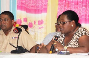 Minister within the Ministry of Natural Resources, Simona Broomes, makes a point during the meeting with residents and small miners in Mahdia, Region Eight, on Sunday.